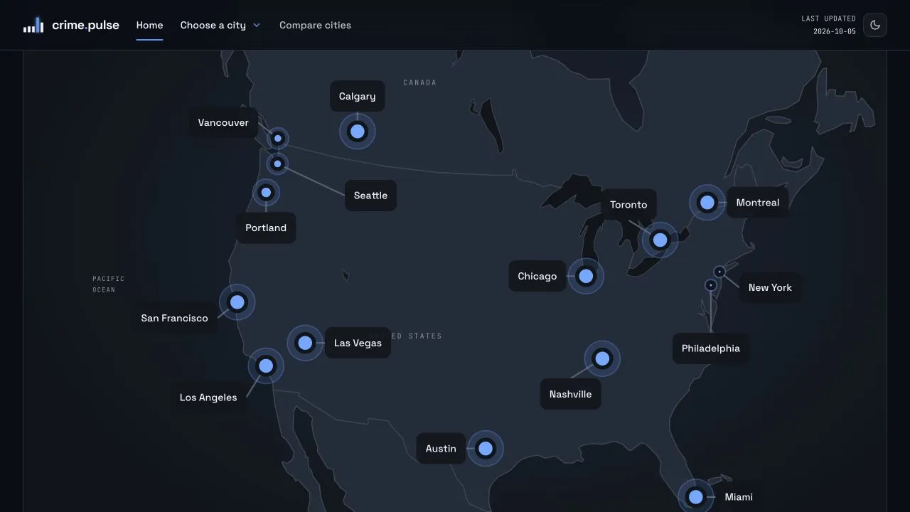 Crime Pulse’s city-selection map showing cities across Canada and the United States